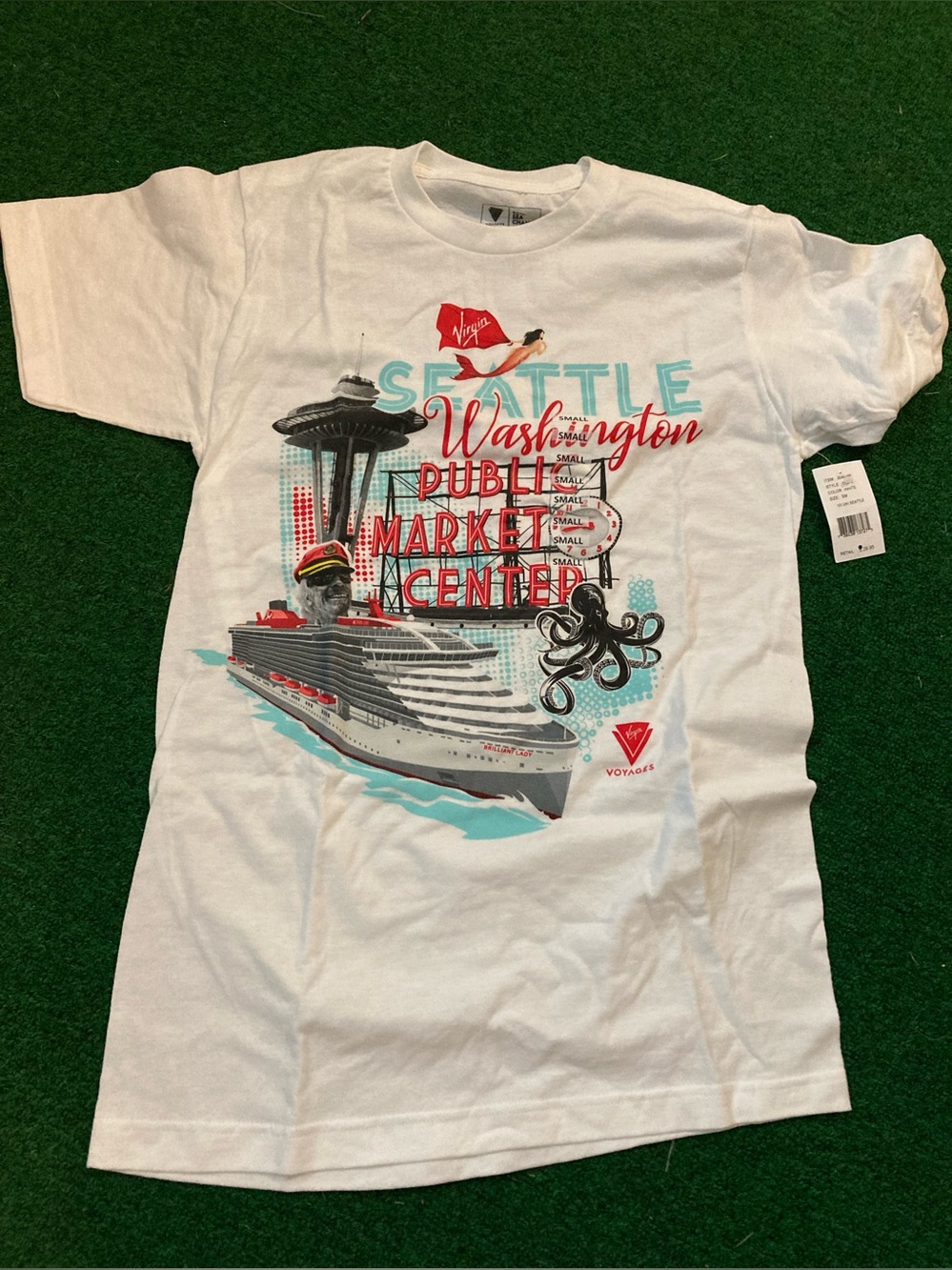 Rare VIRGIN VOYAGR White Seattle Cruise Graphic Tee with Red & Teal Accents